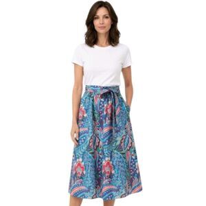 Talbots Paisley Botanical Poplin Fit & Flare Belted Midi Skirl Size  LP NWOT